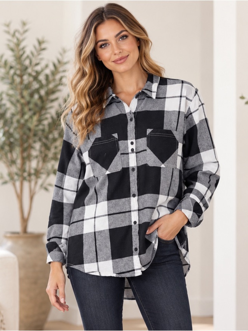Universal Thread Plaid Long Sleeve Button Down Flannel Blouse - Medium